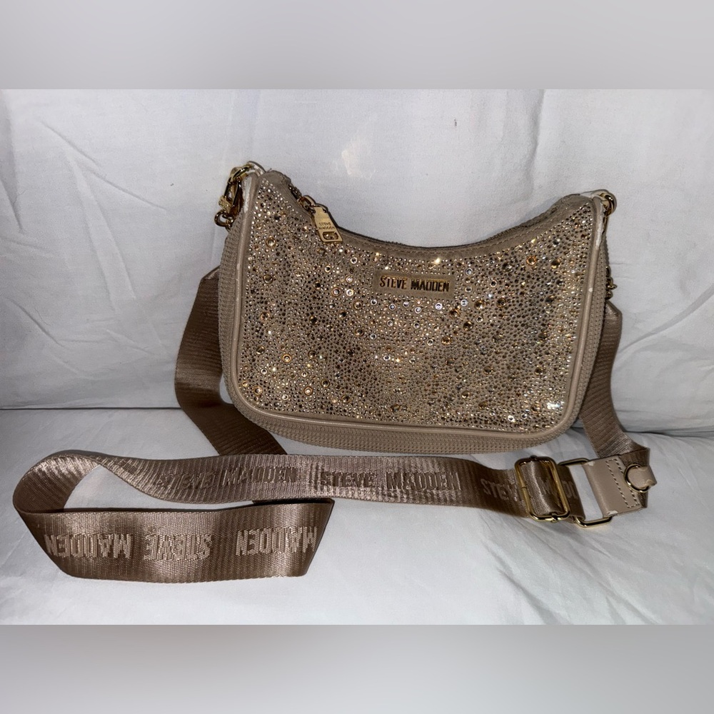 Steve Madden Rhinestone Shoulder Bag Crystal Evening Purse Crossbody Gold Stud